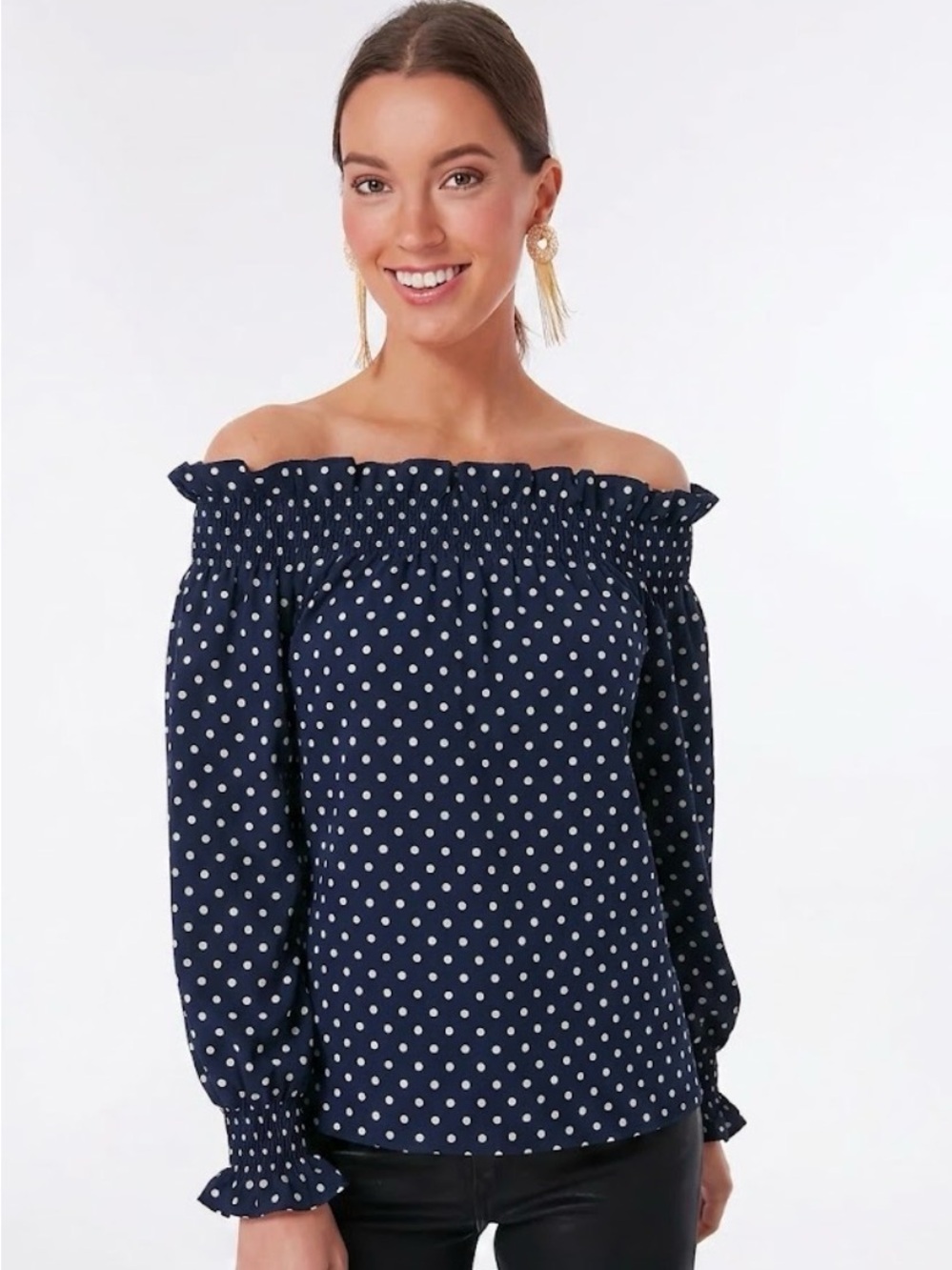 Tuckernuck Navy & White Polka Dot Off the Shoulder Marguerite Blouse NWT Size S